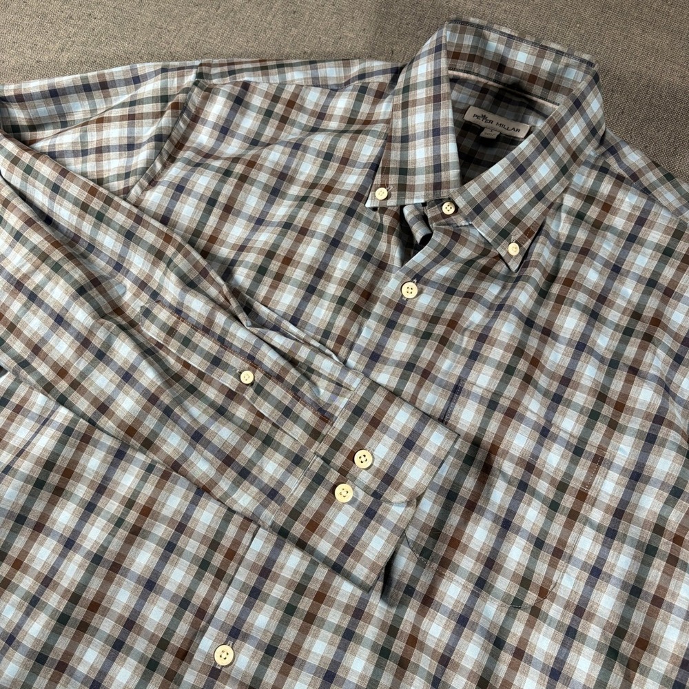 Peter Millar Button Down Mens Large Blue Plaid Cotton MF20W04NBL Long Sleeve‎